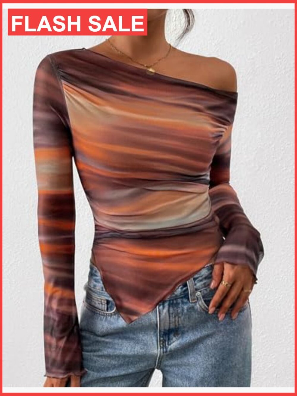 Slim Fit Off Shoulder Mesh Blouse Long Sleeve Asymmetrical Ruched Top - Picture 6 of 7